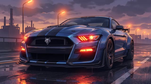 Концепт-кар, маслкар с символом волка, гибрид ford mustang gt 500 и chevrolet camaro, стоит на дороге, эпичный ракурс, горящие фары, шедевр, крупный план, стиль аниме с реалистичными деталями
