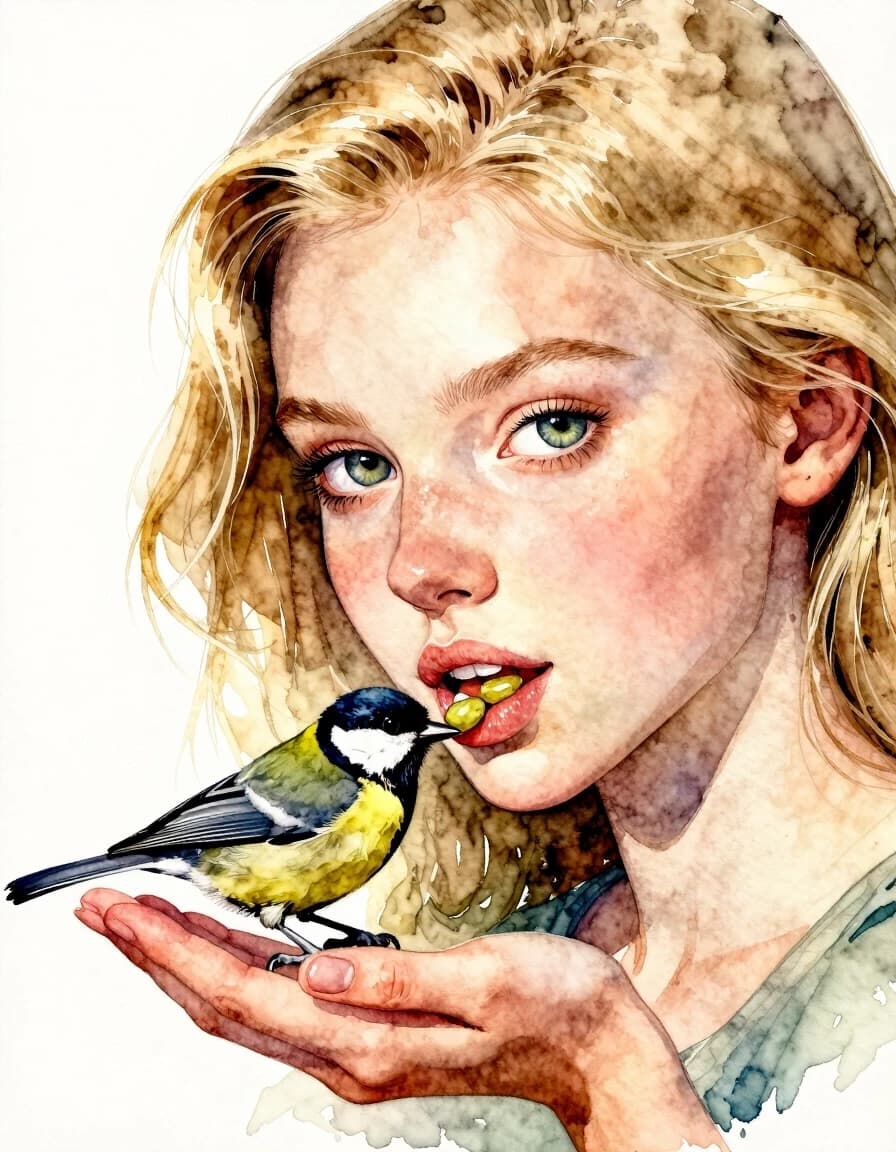 A masterpiece. Style: watercolour. (Image. A beautiful girl, a striking blonde with expressive gray‑green eyes and sharp facial features, is feeding titmice from her palm.):1.8. High quality. High resolution. Increased attention to fine details and texture. Artist: Sergey Andriyaka.