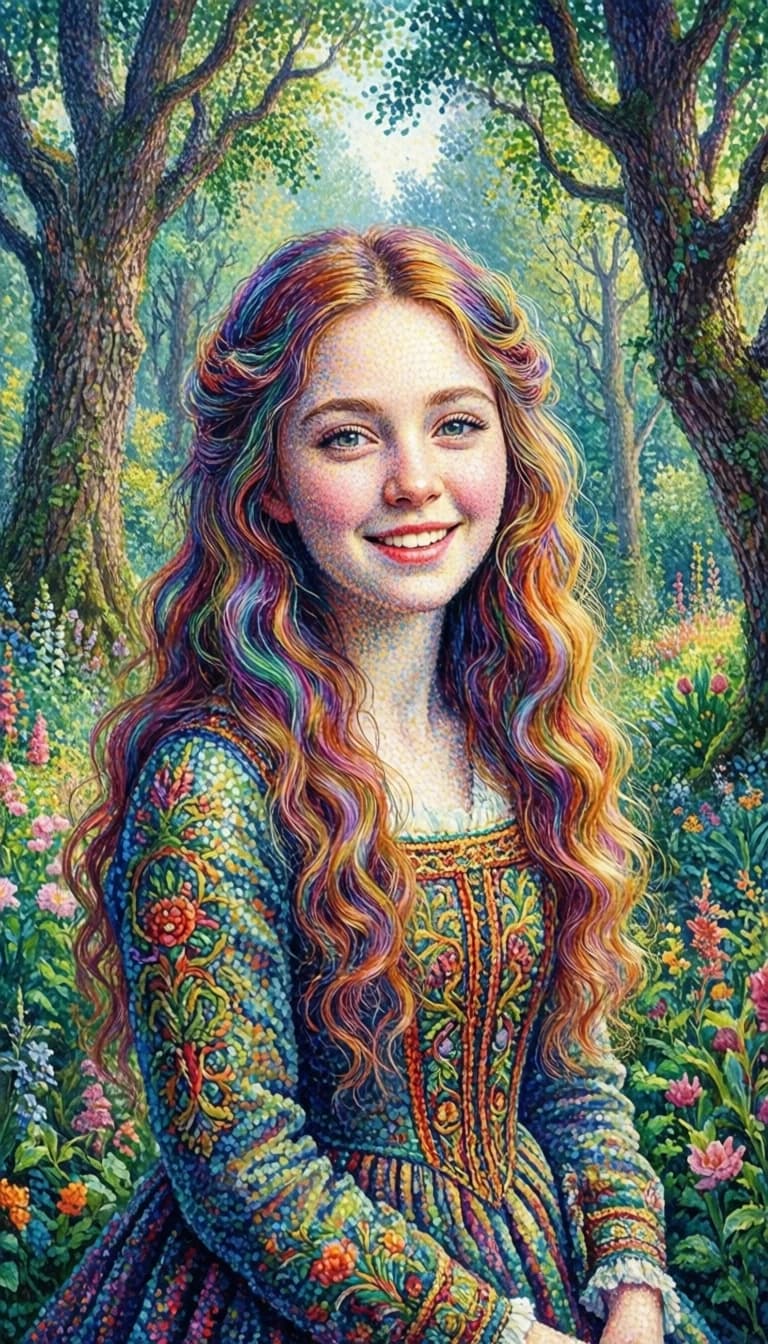 Pointillist art, watercolor, fantasy style. Separate clear strokes in the form of dots. Artist: Georges Seurat. A surreal portrait of an attractive girl, cheerful eyes, long hair, four-colored curls, a dress embroidered with a complex pattern.  Background: Magnificent garden.  Style: surreal, ethereal, dreamy, mysterious, fantasy, highly detailed, James Jean, in the style of Dante Gabriel Rossetti, the beauty of the pre-Raphaelites, Renaissance of the Middle Ages, sensual women, saturated colors, symbolic details, in the style of Ivan Shishkin, detailed forest landscapes, majestic trees, Russian nature, realistic botanical garden. precision, whimsical scene, playful details, unexpected combinations, carefree, fabulous elements, wide-angle lens, wide view, magnified perspective, immersive environment, super detail, Ultra HD, pastel colors, soft focus, natural lighting.