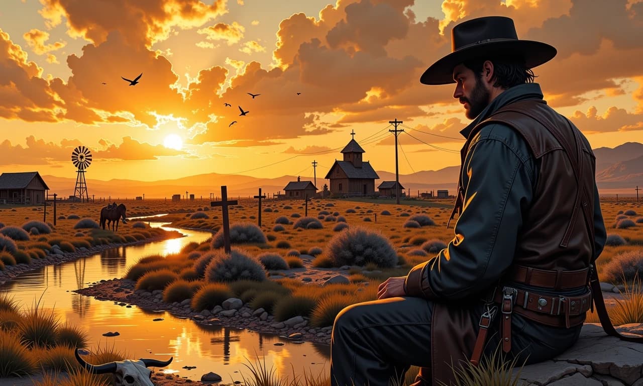 A masterpiece,  in the style of the 1980s, with bold lines, dynamic strokes and rich textures, on background with a touch of nostalgia, perhaps with subtle drawings inspired by cellulose and vintage, worn textures similar to paper,oil painting, Epic cinematic western poster: wide panoramic scene at golden-hour sunset with dramatic volumetric light and smoky clouds, warm sepia and amber highlights contrasted with deep cool shadows, high-detail photorealistic + matte-painting hybrid. Foreground right: weathered cowboy in a long duster and wide-brim hat sitting on a rock, back to viewer, textured leather and wet fabric, adjacent saddled horse and a weathered steer skull; foreground left: simple wooden grave crosses half-buried in scrub and cracked earth. Midground: a winding reflective creek leading toward a small dilapidated frontier town with a windmill silhouette and clustered wooden buildings, birds in flight across the sky. Moody cinematic color grading, film grain, high dynamic range, shallow depth of field with crisp midground detail, epic storytelling atmosphere, 2:1 cinematic aspect ratio.