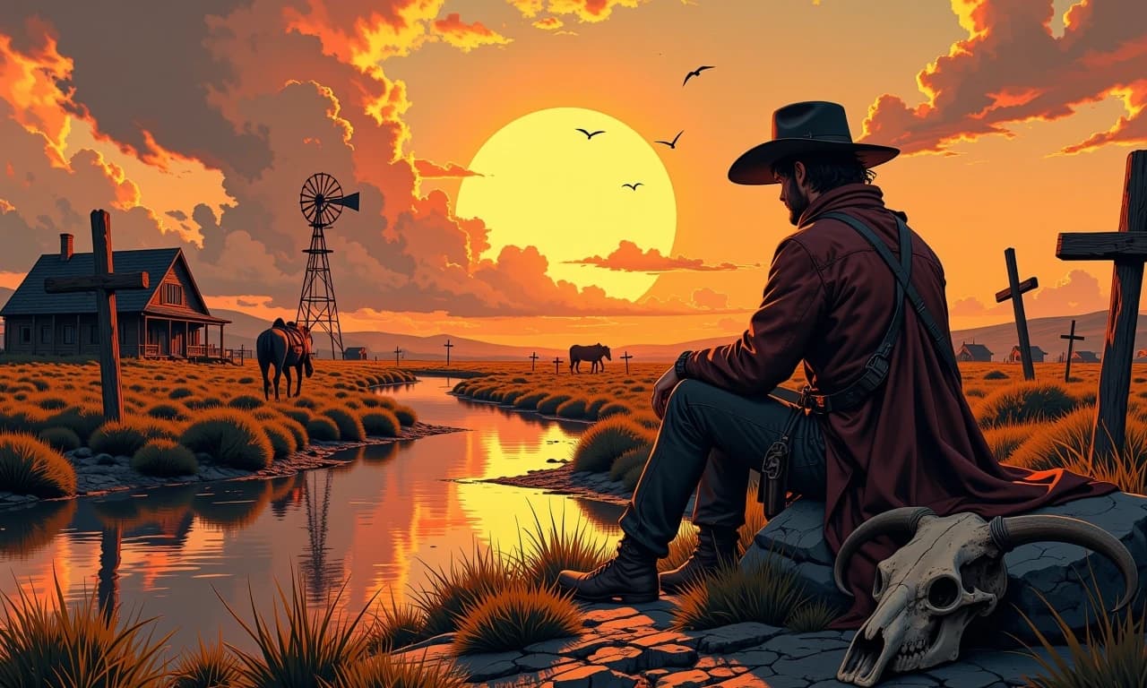 A masterpiece,  in the style of the 1980s, with bold lines, dynamic strokes and rich textures, on background with a touch of nostalgia, perhaps with subtle drawings inspired by cellulose and vintage, worn textures similar to paper,oil painting, Epic cinematic western poster: wide panoramic scene at golden-hour sunset with dramatic volumetric light and smoky clouds, warm sepia and amber highlights contrasted with deep cool shadows, high-detail photorealistic + matte-painting hybrid. Foreground right: weathered cowboy in a long duster and wide-brim hat sitting on a rock, back to viewer, textured leather and wet fabric, adjacent saddled horse and a weathered steer skull; foreground left: simple wooden grave crosses half-buried in scrub and cracked earth. Midground: a winding reflective creek leading toward a small dilapidated frontier town with a windmill silhouette and clustered wooden buildings, birds in flight across the sky. Moody cinematic color grading, film grain, high dynamic range, shallow depth of field with crisp midground detail, epic storytelling atmosphere, 2:1 cinematic aspect ratio.