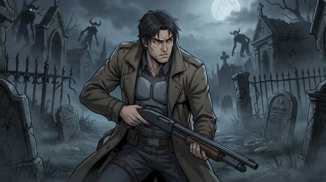 Painkiller (игра), Дэниел Гарнер, подозрительный взгляд, держит дробовик, боевая стойка, на фоне готического кладбища и злых демонов, стиль аниме с реалистичными деталями