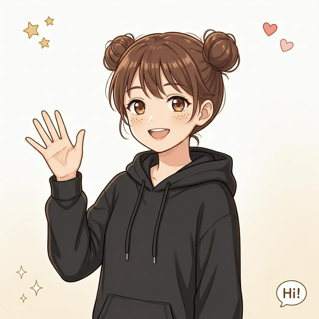 simple background, beautiful 1woman with short brown hair, hair buns, black hoodie, freckles, brown eyes, waving her palm, anime style