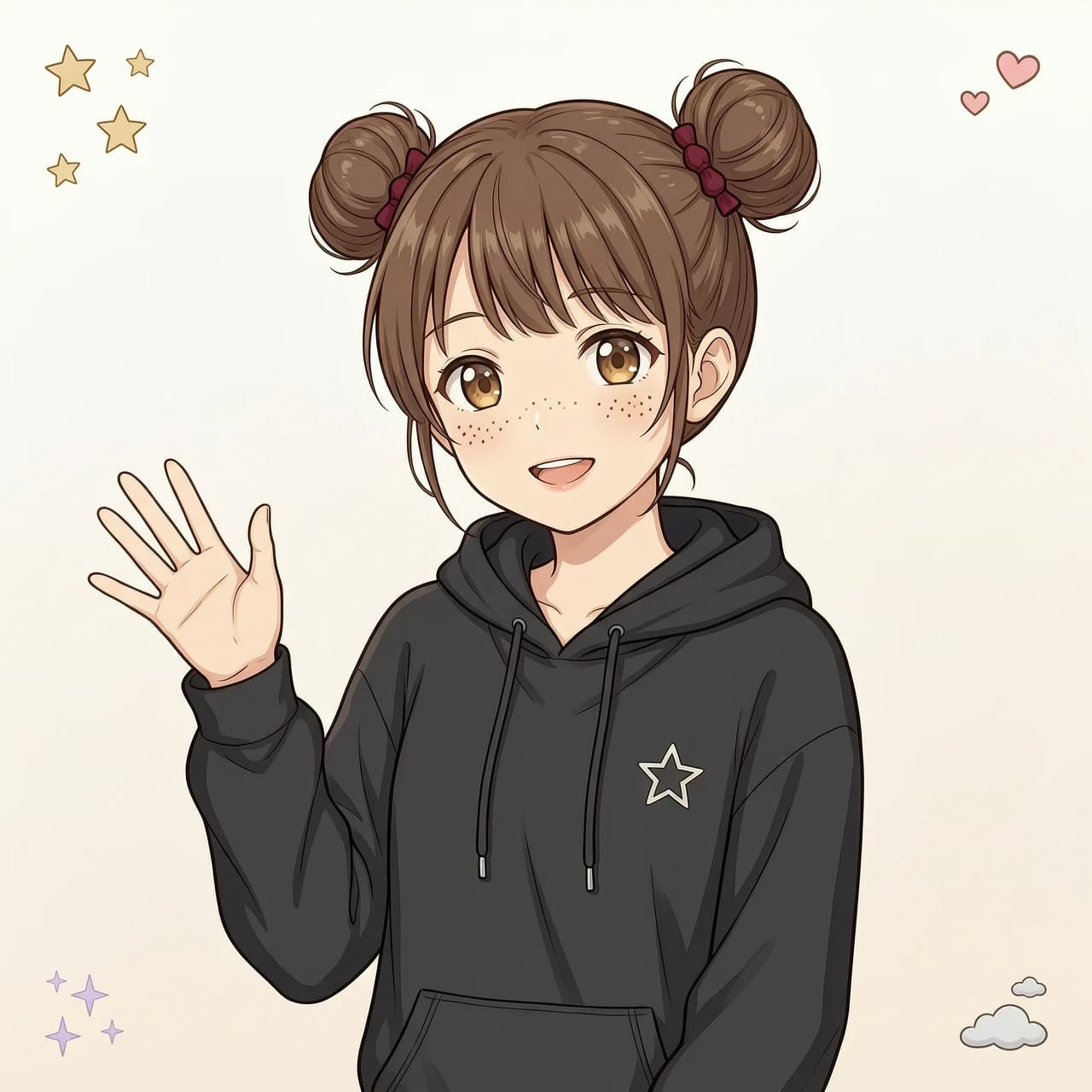 simple background, beautiful 1woman with short brown hair, hair buns, black hoodie, freckles, brown eyes, waving her palm, anime style