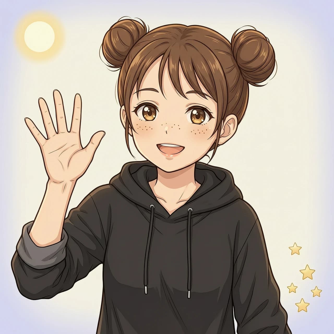 simple background, beautiful 1woman with short brown hair, hair buns, black hoodie, freckles, brown eyes, waving her palm, anime style