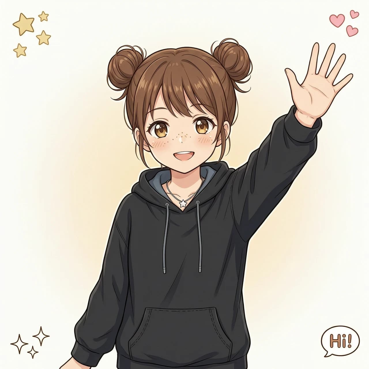 simple background, beautiful 1woman with short brown hair, hair buns, black hoodie, freckles, brown eyes, waving her palm, anime style