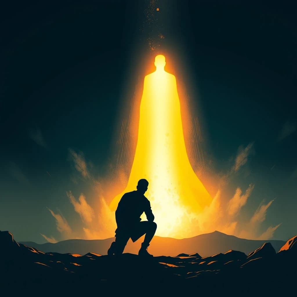 A human silhouette kneeling before a giant golden glowing figure made of light, comic book style with cinematic dramatic lighting, dark graphic novel aesthetic, bold black outlines, no text, no words, 4k