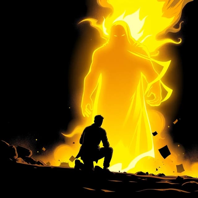 A human silhouette kneeling before a giant golden glowing figure made of light, comic book style with cinematic dramatic lighting, dark graphic novel aesthetic, bold black outlines, no text, no words, 4k