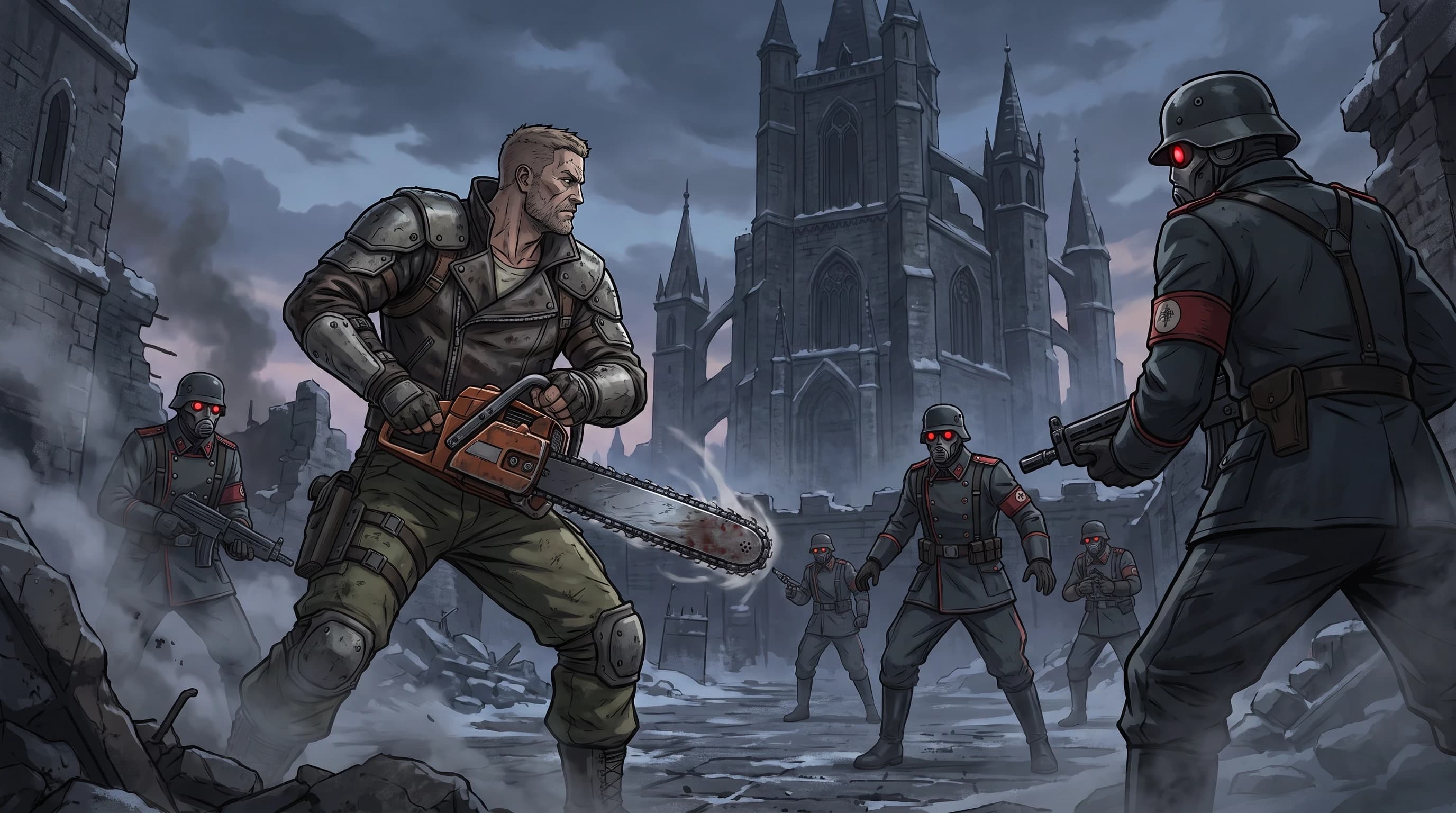 Wolfenstein (Игра), Би Джей Бласковиц, держит бензопилу, боевая стойка против злых немцев, на фоне готического замка, в стиле аниме с реалистичными деталями
