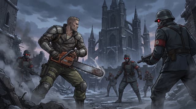 Wolfenstein (Игра), Би Джей Бласковиц, держит бензопилу, боевая стойка против злых немцев, на фоне готического замка, в стиле аниме с реалистичными деталями