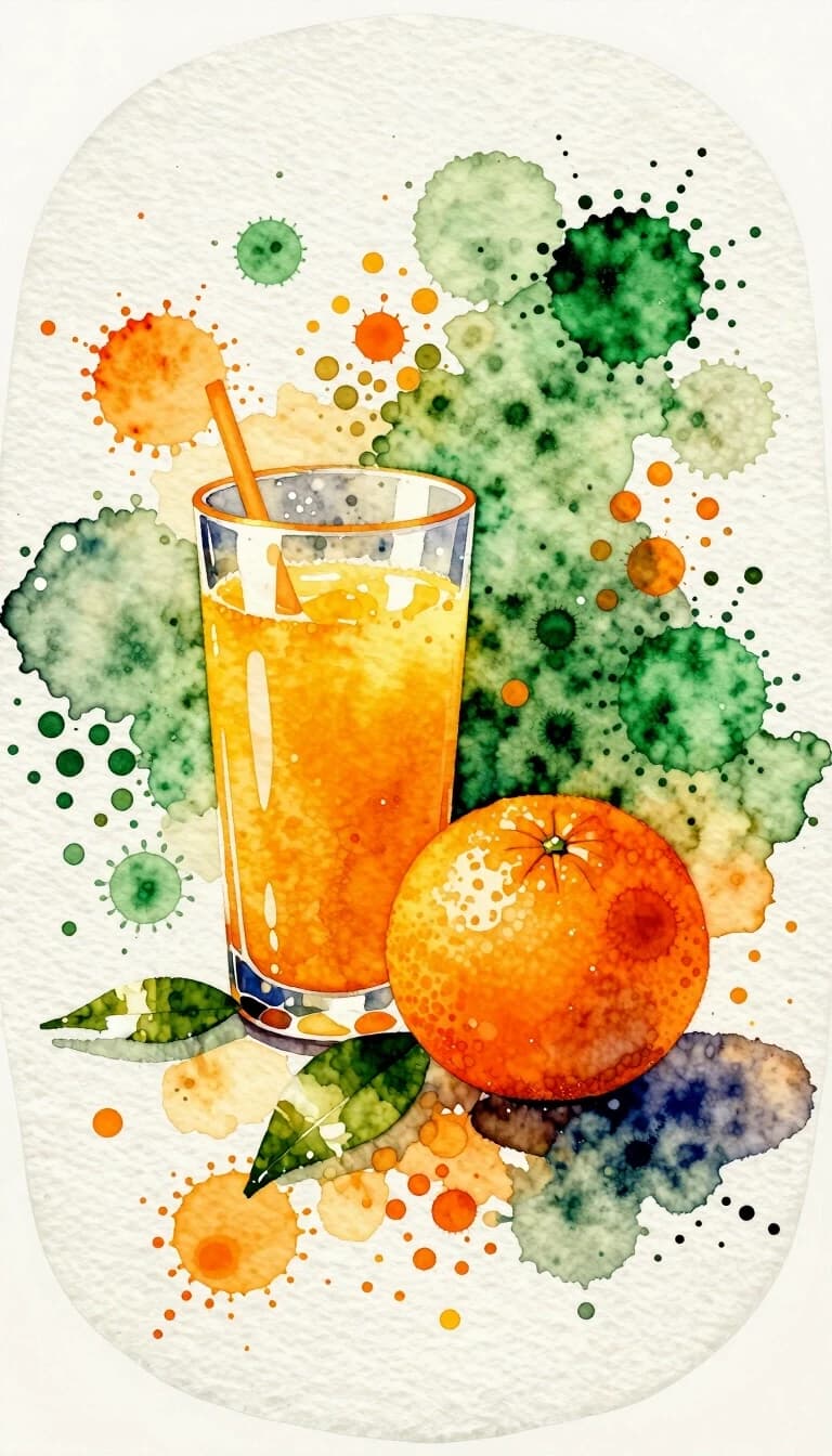 Watercolor splashes and streams of watercolor on rounded watercolor paper. In the style of Agnes Cecil. Image in the technique of digital pointillism. Drops and spots of bright colors add up to a small, logo-like still life: a glass of bright tropical juice and an orange created from colored watercolor spots of blots, dots on a textured canvas: a complex pattern of dots and drops, a fractal pattern of dots and drops around. Delicate drops of watercolor form the texture of an orange peel. The point textures of the complex fractal background form a bizarre abstraction. A harmonious combination of watercolor impressionism and pointillism. The atmosphere of strangeness and surrealism. Soft warm golden light, bright shades of emerald and amber. Emerald green and sunny orange colors on a light background of textured watercolor paper create a sense of unusual modern craftsmanship and style.