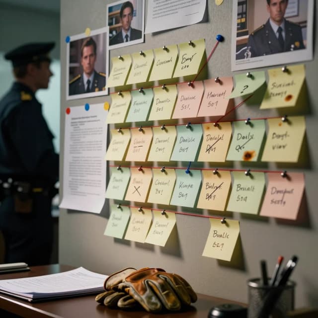 Photorealistic medium shot of a detective’s office wall covered in sticky notes, photos, and printed documents. Dozens of pastel-colored notes are pinned and taped in clusters; thin red and blue strings connect them, tracing the logic of the investigation. Handwriting is varied and hurried: names, dates, question marks, arrows, crossed-out theories. Some notes are curled at the edges, some have coffee stains or smudges from fingers. In the foreground, a pair of worn leather gloves rests on a metal desk corner, partially covering a notebook with scribbled margins. Behind the desk, a silhouette of a detective is visible in profile, studying the wall with focused intensity. Warm, slightly dim office lighting from a desk lamp casts long shadows and highlights the texture of the paper. Realistic textures: fibrous paper grain, matte tape, dull metal of pins, worn leather. 8K, octane render, volumetric light, soft shadows, depth of field (sharp focus on the central cluster of notes and strings, softer on the detective), no stylization, highly detailed, grounded and believable.
