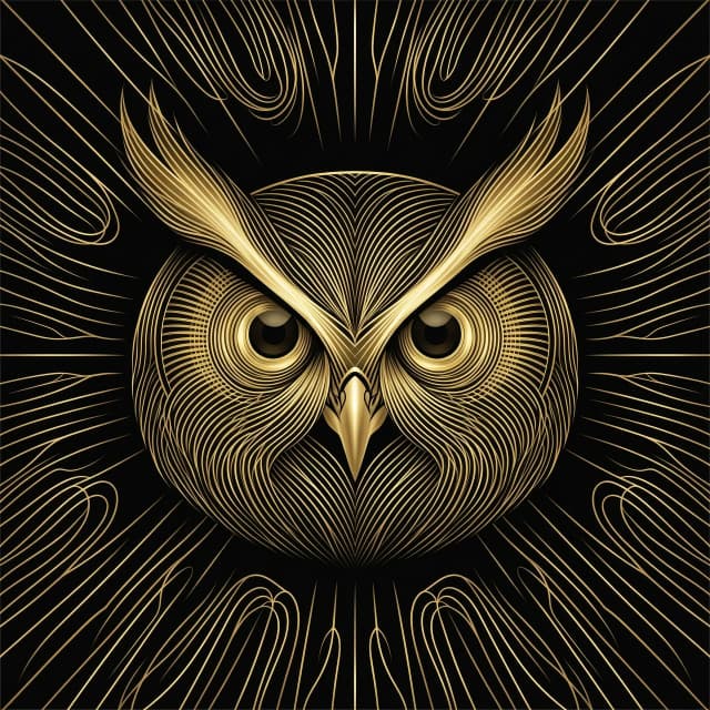 Минималистичная иллюстрация головы совы, вид спереди, созданная с использованием элегантных плавных золотых линий и светящихся динамичных волнообразных узоров, без чёткого контура, абстрактной уходчщие вдаль линии, мерцающих золотых линий контура на сплошном глубоком черном фоне, роскошная эстетика, высокая детализация, векторный стиль, контрастное освещение, генеративное искусство,