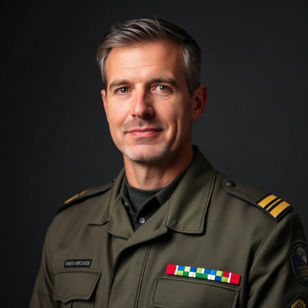 professional portrait of middle aged relaxed francian lieutenant in NATO uniform.