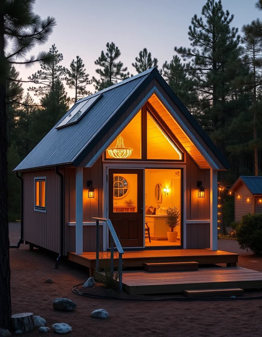 Vertical shot, 3:4 aspect ratio, cozy modular A-frame cabin or tiny frame cottage for resort, glowing warm light inside, small terrace, solar panels on the side roof, surrounded by pine forest or southern greenery, dusk lighting, cinematic look, ultra-realistic