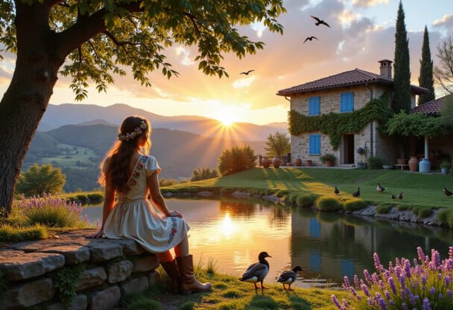 A tranquil golden-hour pastoral scene: a young woman in a bohemian embroidered dress and worn leather boots sits on a moss-covered stone ledge beneath a leafy tree, hair loosely braided with wildflowers, gazing toward a glowing sunset over rolling lavender-covered hills. Nearby a rustic stone cottage with blue shutters and a tile roof draped in vines emits a thin wisp of smoke; a calm pond mirrors the sky and cottage, with geese and ducks gliding, chickens pecking at the grassy shore, terracotta pots, watering cans and a pitchfork scattered among wildflowers. Swallows wheel overhead, morning mist clings to distant valleys, cypress and olive trees dot the landscape. Warm golden light, rich painterly realism, exquisite texture in fabric, bark, stone and water, cinematic wide panoramic composition, soft volumetric light, ultra-detailed, high resolution.