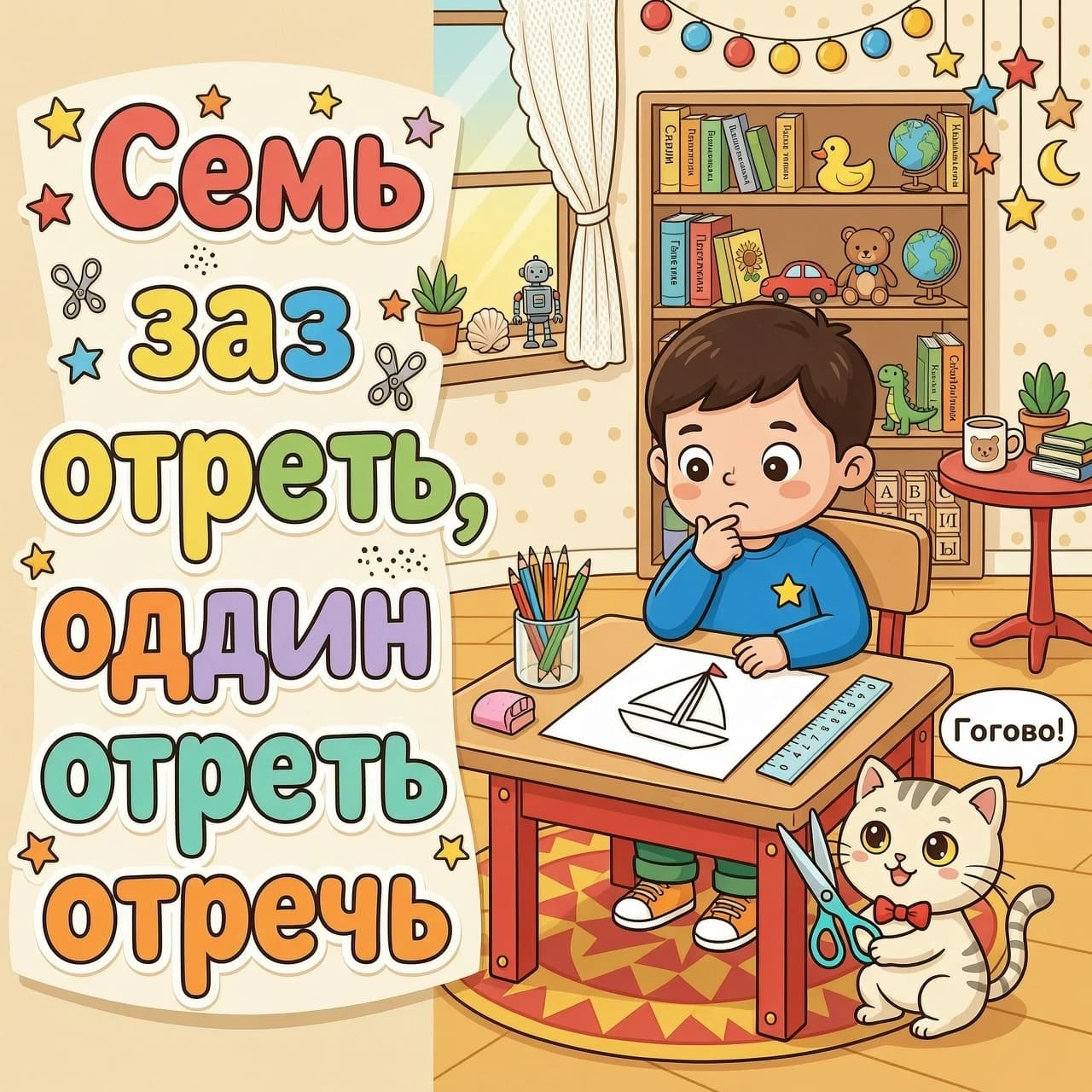 Создай детскую картинку к дню пословиц и поговорок в мультяшном стиле, размер картинки 1600:400 пикселе. в ярких и насыщенных тонах.



Пословица «Семь раз отмерь, один раз отрежь» написана крупными разноцветными буквами. 
Мальчик сидит за столом и рисует карандашом. Он уже нарисовал контур кораблика, но пока не уверен, как именно вырезать эту фигуру из бумаги. Его задумчивый взгляд говорит о том, что он тщательно продумывает каждый шаг — то есть семь раз отмеряет.
Рядом с ним сидит котёнок, который смотрит на мальчика с лёгкой улыбкой. В лапках он держит ножницы. 
На заднем плане видна книжная полка с яркими книгами и игрушками, а также уютный светлый интерьер комнаты.