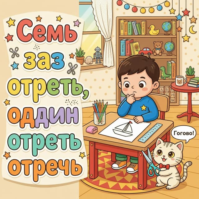 Создай детскую картинку к дню пословиц и поговорок в мультяшном стиле, размер картинки 1600:400 пикселе. в ярких и насыщенных тонах.



Пословица «Семь раз отмерь, один раз отрежь» написана крупными разноцветными буквами. 
Мальчик сидит за столом и рисует карандашом. Он уже нарисовал контур кораблика, но пока не уверен, как именно вырезать эту фигуру из бумаги. Его задумчивый взгляд говорит о том, что он тщательно продумывает каждый шаг — то есть семь раз отмеряет.
Рядом с ним сидит котёнок, который смотрит на мальчика с лёгкой улыбкой. В лапках он держит ножницы. 
На заднем плане видна книжная полка с яркими книгами и игрушками, а также уютный светлый интерьер комнаты.