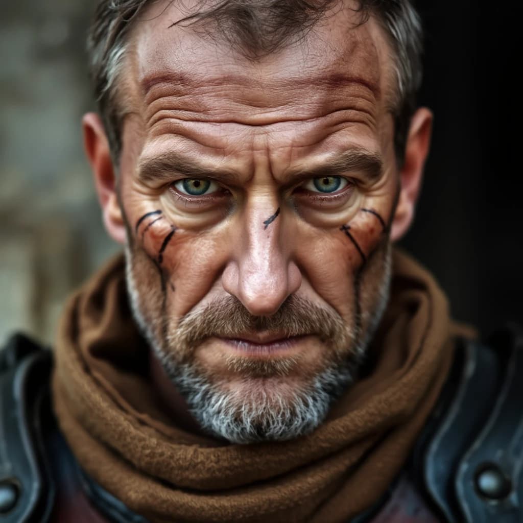 A middle-aged man with a calm gaze, green eyes, and a crusader's uniform with black armor. His face bears the scars of the past