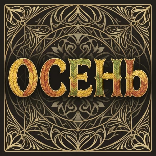 Digital image with double exposure and overlay of layers and textures. Vector graphics. The word "OCEHb" is made of gold, crimson and green skeletonized textured autumn leaves in various shades of yellow, orange, green and red. An unusual font made of autumn leaves. A very detailed and impressive font. Font and background contrast, fading, gradient. Background: a lot of dark with light ornaments. Delicate elements of the floral pattern. Gothic, decorative style, Art Nouveau. Abstract vector fractal pattern, Zentangle, Gothic, dark art. In the style of Alphonse Mucha, Gustav Klimt, Aubrey Beardsley and Roman Tirtov. High level of detail.