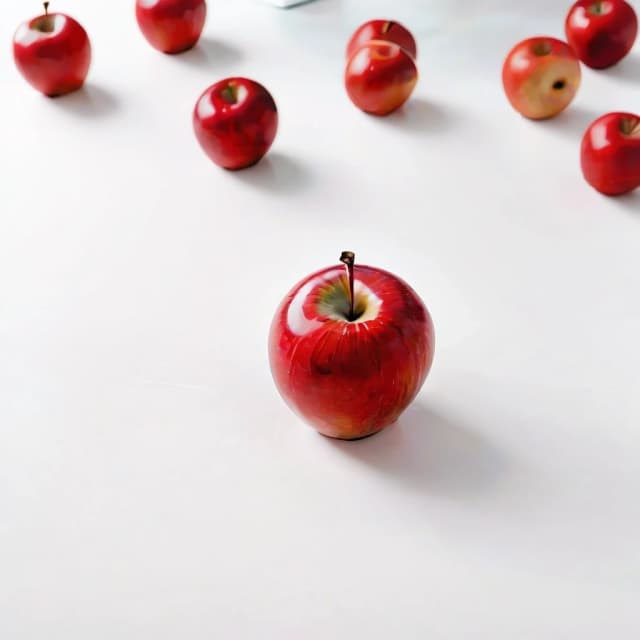 a red apple on a white table
