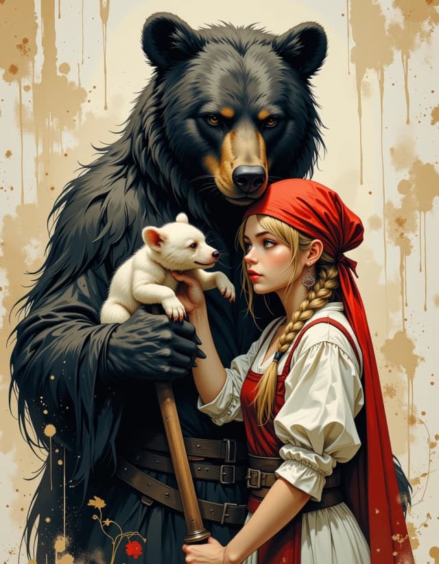 A masterpiece,  in the style of the 1980s, with bold lines, dynamic strokes and rich textures, on background with a touch of nostalgia, perhaps with subtle drawings inspired by cellulose and vintage, worn textures similar to paper, oil painting, watercolor, acrylic, random pose character from a Russian fairy tale. a white woman with a long blonde braid and a red scarf on her head. and a good bear. Realistic. Magical atmosphere, witch background, Russian style, Middle Ages, dark fantasy, oil watercolor, brush strokes, illustrations from the book. hdr