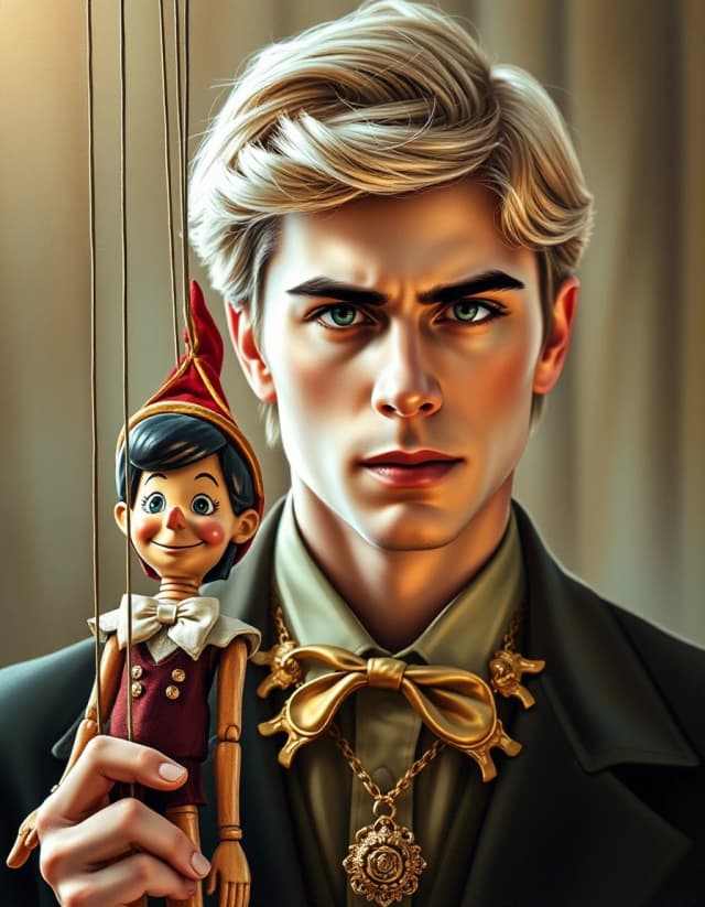 A masterpiece. Style:oil painting. (Image. A handsome traveling puppeteer, blond, clear facial features and expressive eyes, with a wooden Pinocchio puppet with strings to control.):1.8. High quality. High resolution. Increased attention to the fine details and texture of the wooden Pinocchio. The artist is Russ Mills.