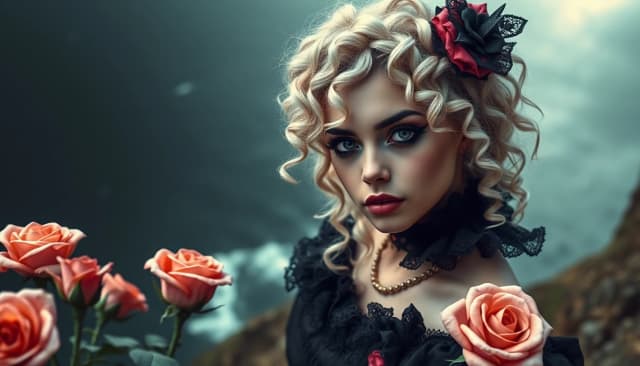 Ultra-realistic, cinematic photography, vibrant colors and intricate details. Beautiful goth girl, platinum blonde hair, curly curls, gray eyes, winged eyeliner, expressive look. ,A beautiful goth girl stands on a cliff overlooking a dark,, ominous sea. Roses.