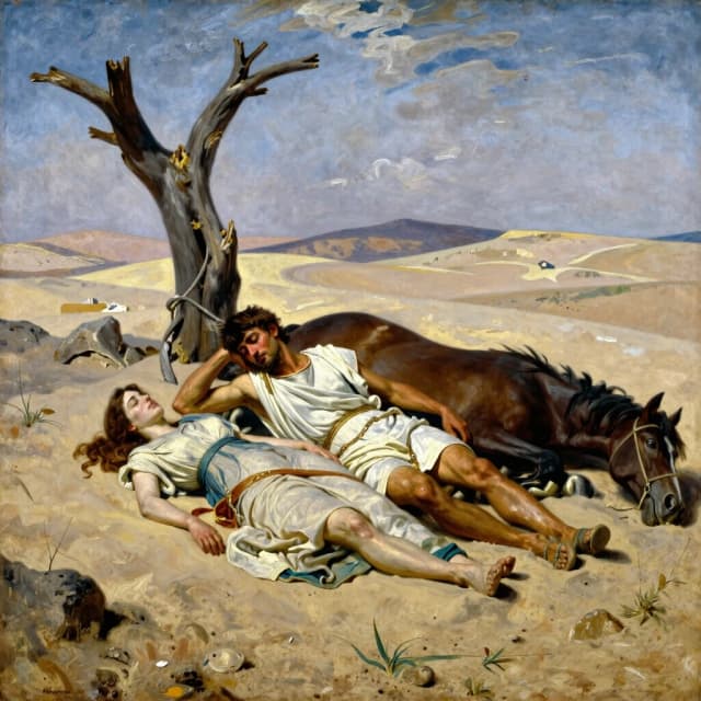 Oil painting, ancient times of Greece, a young man of 20 years old and a girl of 18 years old, lying unconscious on the sand,  next to a dried tree and a fallen horse, around the desert, style Vasily Vereshchagin