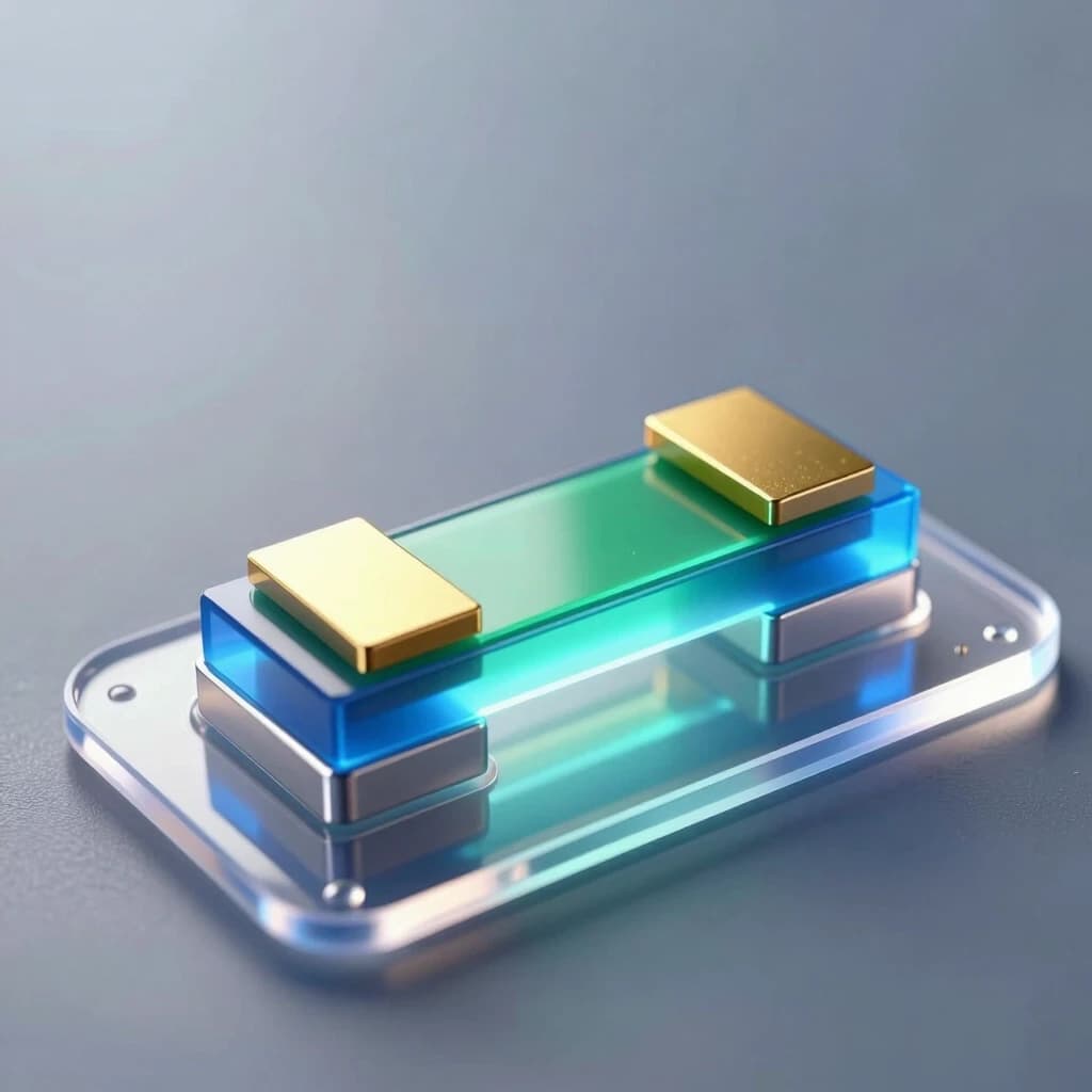 A hyper‑realistic scientific 3D illustration of a single organic field‑effect transistor with a bottom gate and top contacts of the following structure (thin layers from bottom to top): a flexible transparent PET substrate, a continuous aluminum gate, a thin translucent blue layer of aluminum oxide dielectric, a thin green single‑crystal organic semiconductor, on top of it - two flat gold contacts for the source (on the left) and the drain (on the right), with a distance between them that is 10 times greater than the thickness of the semiconductor layer. The device emits a slight internal glow, indicating the flow of current through the channel. Macro photography, extreme close‑up, shallow depth of field with focus on the active layers. Cold, directional studio lighting from above combined with soft backlighting from below through a substrate to accentuate the gate‑dielectric interface. Reflections with ray tracing, caustics, and electric field aura effects around the contacts. A clean, high‑tech atmosphere, a sterile environment, no contact pads. 8K resolution, complex microscopic details, photorealistic textures.