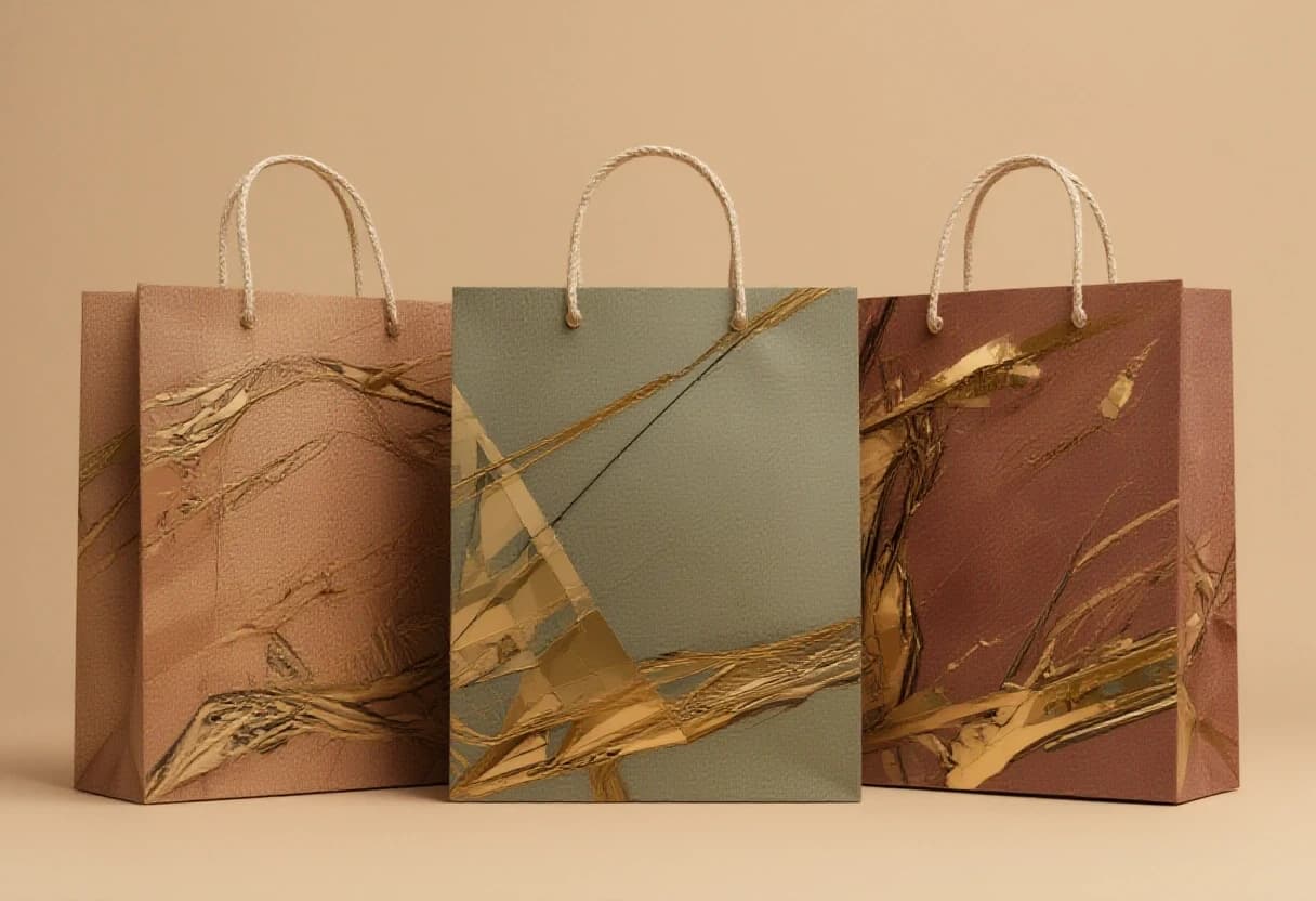 Three premium paper shopping bags standing side by side on a stark, matte light beige background with no gradient, white twisted rope handles, photorealistic product photography with harsh directional studio lighting, deep crisp shadows, and high contrast.

Left bag: muted clay terracotta and warm earth tones applied as sharp geometric blocks and angular diagonal stripes, overlaid with rigid metallic ribbons of liquid gold and liquid silver — but these are rendered as straight, hard-edged reflective inlays with glossy specular highlights and mirror-like reflections.

Center bag: burnt olive deep green and golden-olive tones, featuring a brutalist geometric composition of intersecting rectangles, zigzag lines, and faceted polygonal panels, with liquid gold and silver metallic accents shaped into precise angular strips.

Right bag: rich red mahogany and deep burgundy, with metallic gold and silver paint integrated as severe geometric chevrons, triangular inserts, and rectangular plates, all with a highly reflective, polished metal finish.

Overall arrangement: strictly symmetrical, equally spaced, with an uncompromising industrial elegance, emphasizing straight lines, sharp edges, and a rigid, sculptural presence.