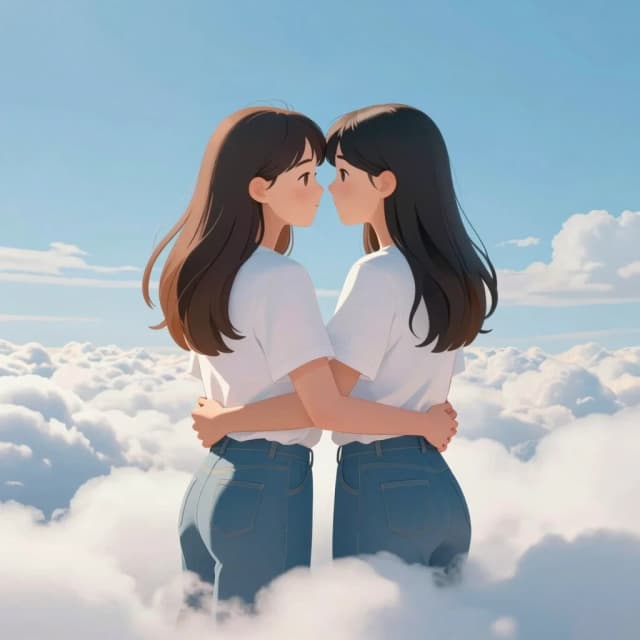 girls embracing each other in the clouds