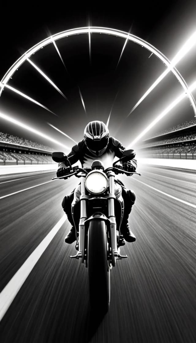 A striking black-and-white, high-speed shot of a motorcyclist on a racetrack; superimposed at the top of the frame is a large, glowing speedometer showing ascending increments—20, 40, 60, 80, 100, 120, 140, 160—with the needle pushed past the 160 mark. The motorcycle features a sleek, modern design, and the rider is clad in a full leather suit and helmet. A blurred background of trees and a cloudy sky accentuates the sense of motion and speed. The image’s overall aesthetic—rugged and dynamic—captures the raw thrill of extreme-speed riding.