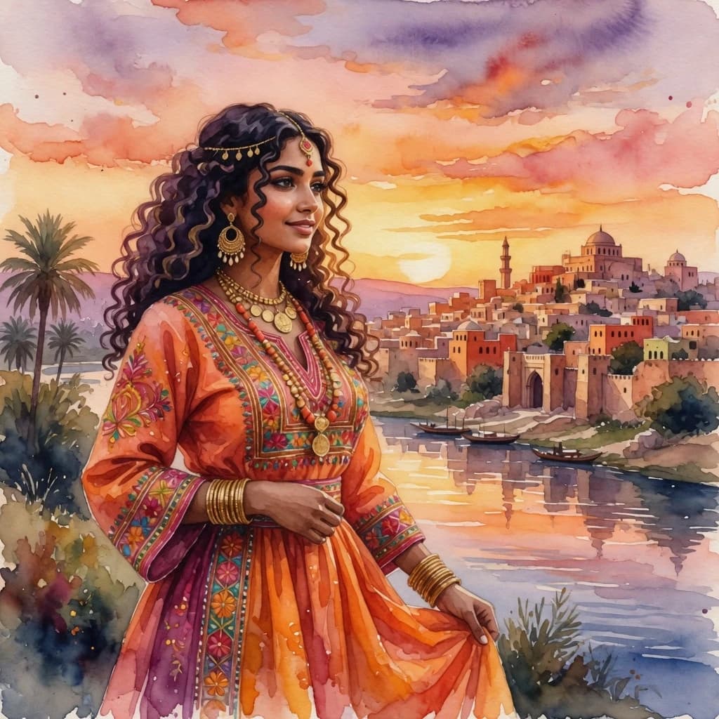 A beautiful young woman with long dark curly hair in a traditional embroidered orange dress, standing against a sunset landscape with an ancient city and river, watercolor painting style, visible brushstrokes, warm golden hour lighting, intricate details on jewelry and fabric, soft painterly texture.
