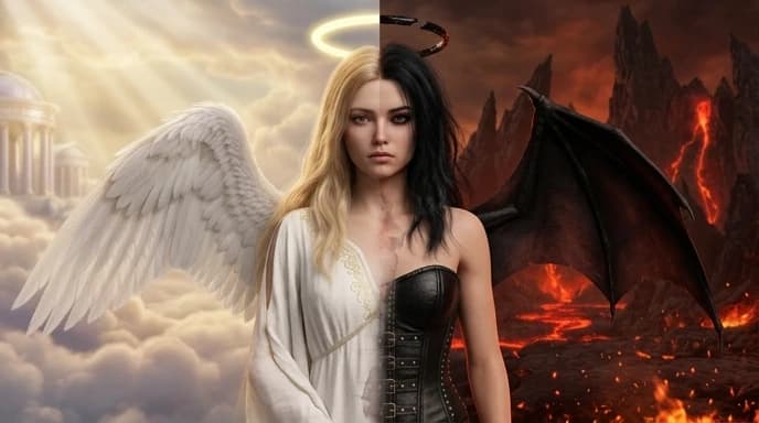 Double exposure. A girl of extraordinary beauty. The left half has angelic features, a halo, long blonde hair, a white wing, an angelic white tunic, and a heavenly landscape. The other half has devilish features, a broken halo, a black wing and black hair, a black leather corset, a hellish landscape, and a burning ground. medium bare breasts, erect nipples,The girl is shown from the waist up. Realistic 3D graphics, 4k textures, digital art, a masterpiece. Large bust.