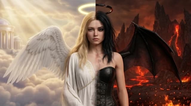 Double exposure. A girl of extraordinary beauty. The left half has angelic features, a halo, long blonde hair, a white wing, an angelic white tunic, and a heavenly landscape. The other half has devilish features, a broken halo, a black wing and black hair, a black leather corset, a hellish landscape, and a burning ground. medium bare breasts, erect nipples,The girl is shown from the waist up. Realistic 3D graphics, 4k textures, digital art, a masterpiece. Large bust.