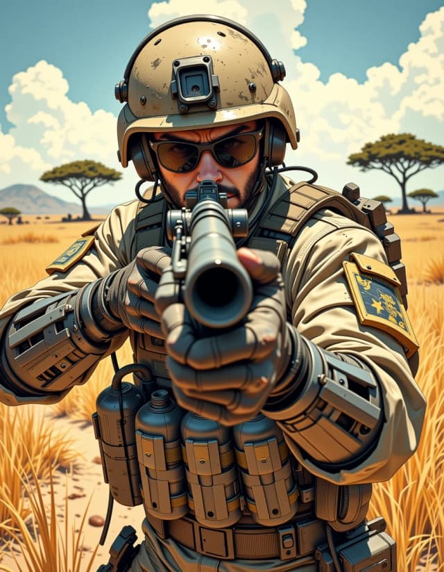 A masterpiece,  in the style of the 1980s, with bold lines, dynamic strokes and rich textures, on background with a touch of nostalgia, perhaps with subtle drawings inspired by cellulose and vintage, worn textures similar to paper, oil painting, Cinematic photorealistic close-up of a modern soldier in desert digital camouflage aiming a suppressed assault rifle directly at the camera from a low-angle over-the-barrel perspective, shallow depth of field with strong bokeh rendering sunlit African savanna background of acacia trees and dry golden grass, sharp focus on the soldier’s intense eyes behind tactical sunglasses, scuffed ballistic helmet with comms headset, dusty face with subtle sweat and stubble, modular plate carrier loaded with magazines, two grenades with yellow bands, med pouch and wires, visible mechanical exoskeleton support on forearm with exposed cables and metal joints, worn fabric and scratched metal textures, realistic dirt and dust on gear, warm midday sunlight, high contrast, subtle lens flare and rim light, natural soft shadows, cinematic filmic color grading with warm ochre tones and cool highlights, ultra-detailed, high-resolution photoreal rendering, crisp microtexture, dynamic tension, dramatic composition, slight motion freeze, shallow aperture for subject isolation.
