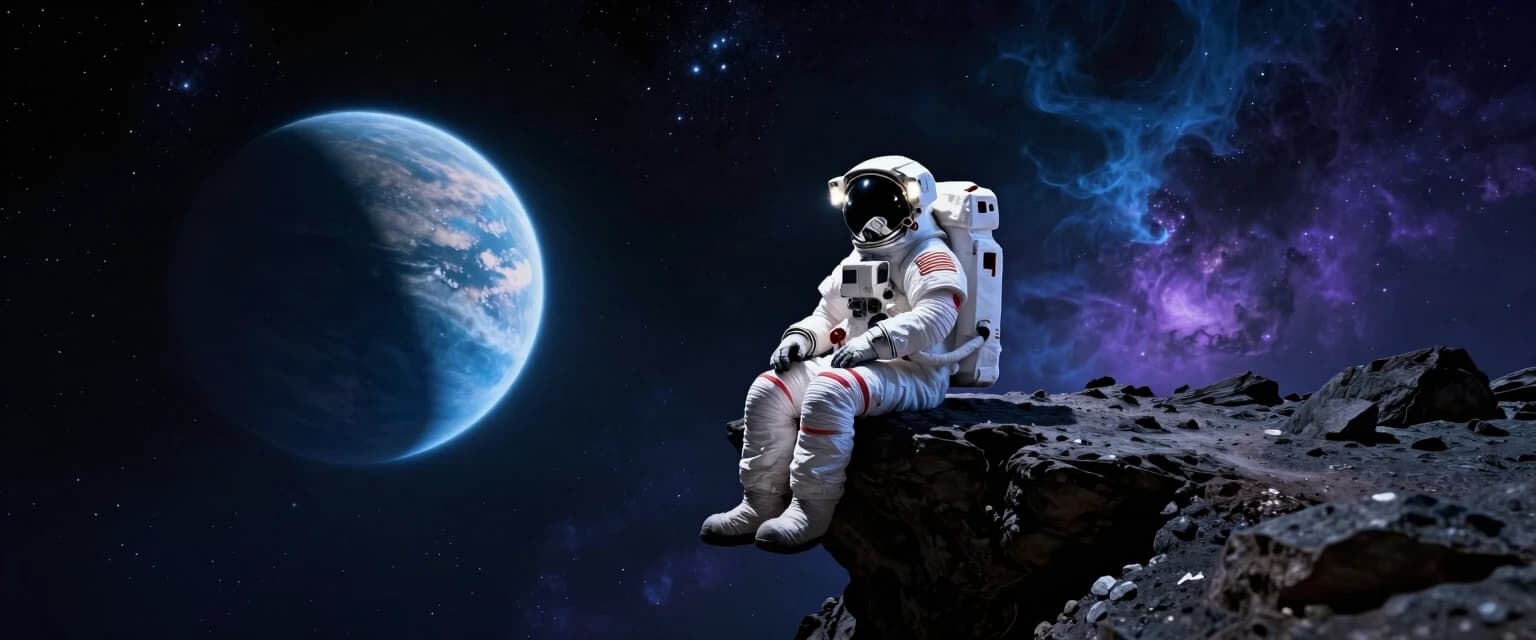 A lone astronaut in a detailed white spacesuit sits on the edge of a dark, rocky outcrop in outer space. A large, light-blue planet hovers in the distance to the left. The background is a vast, deep, starry sky filled with ethereal blue and purple clouds and nebulae. The scene conveys a cinematic, brooding mood. High-quality digital painting, sci-fi concept art, 8K resolution, dramatic lighting.