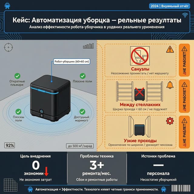 Сгенерируй мне картинку для кейса: робот-уборщик (черная коробка примерно 60х60 см) эффективен только на открытых площадях (в замкнутых помещениях (санузлы, места между стеллажами, узкие проходы) все равно требуется персонал), выявлены нарекания к качеству техники (сбои и ремонты требуют отвлечения людей для компенсации уборки), причина внедрения - обусловлено не экономией, а трудностями с поиском персонала). Сгенерированная картинка должна быть 11х11 см