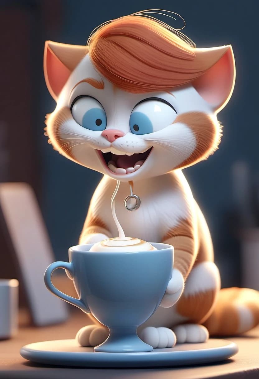 Создай 3D-иллюстрацию в стиле Pixar: в центре — очаровательный мультяшный котёнок рыже‑белого окраса, он держит в лапках белую керамическую чашку с горячим напитком, от которой поднимается лёгкий пар. У котёнка один глаз широко открыт, ярко‑голубой, второй — в игривом подмигивании. На ушке — маленькая белая ромашка. Вокруг — атмосфера уютного утра: слева тарелка с золотистым круассаном и спелой клубникой, справа — стеклянная банка мёда с деревянной ложечкой. На фоне — залитое мягким солнечным светом поле ромашек, пушистые облака, порхающие бабочки (жёлтая и голубая), в нижней части — декоративная лента с текстом. Освещение кинематографичное, тёплое, с золотистыми бликами и мягкой боке‑подсветкой. Высокая детализация шерсти, текстуры выпечки и лепестков. Стиль — современная 3D‑анимация уровня Pixar, без фотореализма, с выразительной стилизацией и «тёплой» цветовой палитрой
