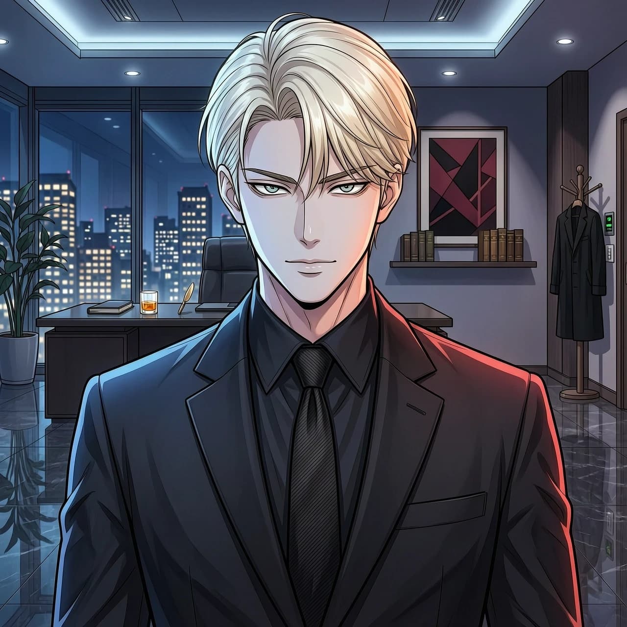 A stunningly handsome and elite 2D digital anime portrait in full vivid colors, gorgeous k-pop webtoon style, pristine manhwa aesthetic. A young dominant alpha crime boss with natural healthy fair skin and intense, ice-cold sharp light grey eyes. He has an arrogant glare, looking down with a dangerous aristocratic confidence. Flawless, neatly styled shining platinum blonde hair with elegant strands falling over his forehead. He wears a premium tailored pitch-black luxury suit and a black dress shirt. Deep cinematic colorful night lighting, subtle warm neon reflections on his face, elegant shadows, dark office background. Sophisticated, powerful and dominant aura. Masterpiece, ultra-detailed.