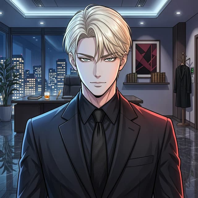 A stunningly handsome and elite 2D digital anime portrait in full vivid colors, gorgeous k-pop webtoon style, pristine manhwa aesthetic. A young dominant alpha crime boss with natural healthy fair skin and intense, ice-cold sharp light grey eyes. He has an arrogant glare, looking down with a dangerous aristocratic confidence. Flawless, neatly styled shining platinum blonde hair with elegant strands falling over his forehead. He wears a premium tailored pitch-black luxury suit and a black dress shirt. Deep cinematic colorful night lighting, subtle warm neon reflections on his face, elegant shadows, dark office background. Sophisticated, powerful and dominant aura. Masterpiece, ultra-detailed.
