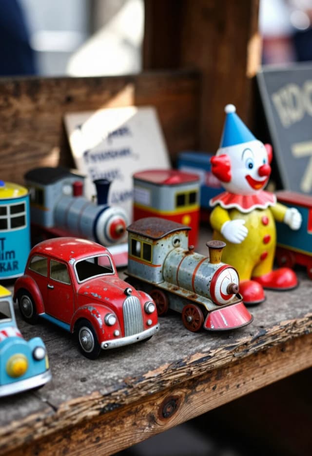 Realistic street‑photo style, 50mm lens, f/2.8, daylight with soft shadows. A weathered wooden market stall displays a small collection of old tin toys: a wind‑up car with chipped red paint, a tiny locomotive with rusted edges, and a mechanical clown with a faded grin. The toys are arranged loosely, some overlapping, with price tags and a small handwritten sign in the background. A few rays of sun cut through the gaps in the stall’s awning, catching the metallic sheen and the patina of age. The focus is on tactile textures — rough wood, pitted metal, peeling paint — and the candid atmosphere of a flea market; colors are earthy and authentic, with no artificial saturation