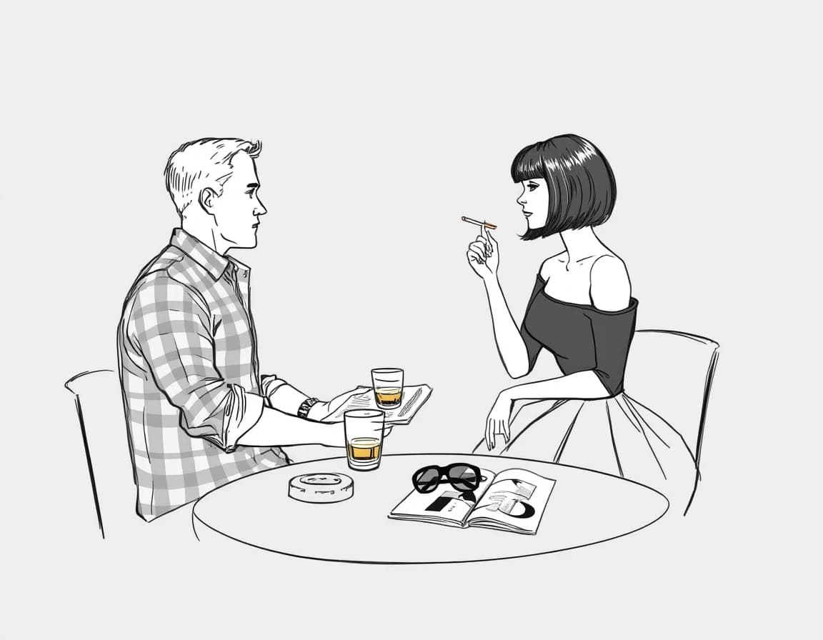 A gray background, a sketchy outline with thin, transparent lines. A very handsome 30-year-old Slavic man, wearing a plaid shirt with rolled-up sleeves, sits at a table in the bar, seen from the side. On the table are a newspaper, a glass of whiskey, and an ashtray with a cigarette. Across from him sits a very beautiful young woman, resembling 23-year-old Megan Fox, with dark hair cut into a bob with bangs, wearing a very fashionable short, full skirt and a black, off-the-shoulder, three-quarter-length sleeve top. She's smoking a thin cigarette. On the table in front of her lies a fashion magazine, topped with a pair of stylish sunglasses. The man and woman look at each other. Vicente Romero Redondo, Lee Bogle, Konstantin Razumov, Harrison Fisher.