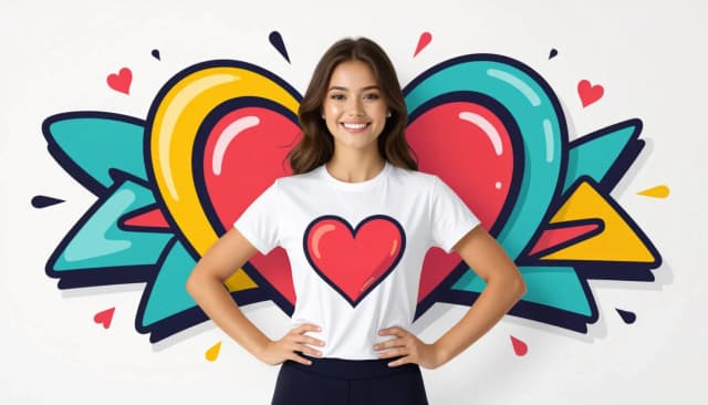 Professional graphics on a pristine white background. A girl exercising in a T-shirt with a large heart drawn on it.