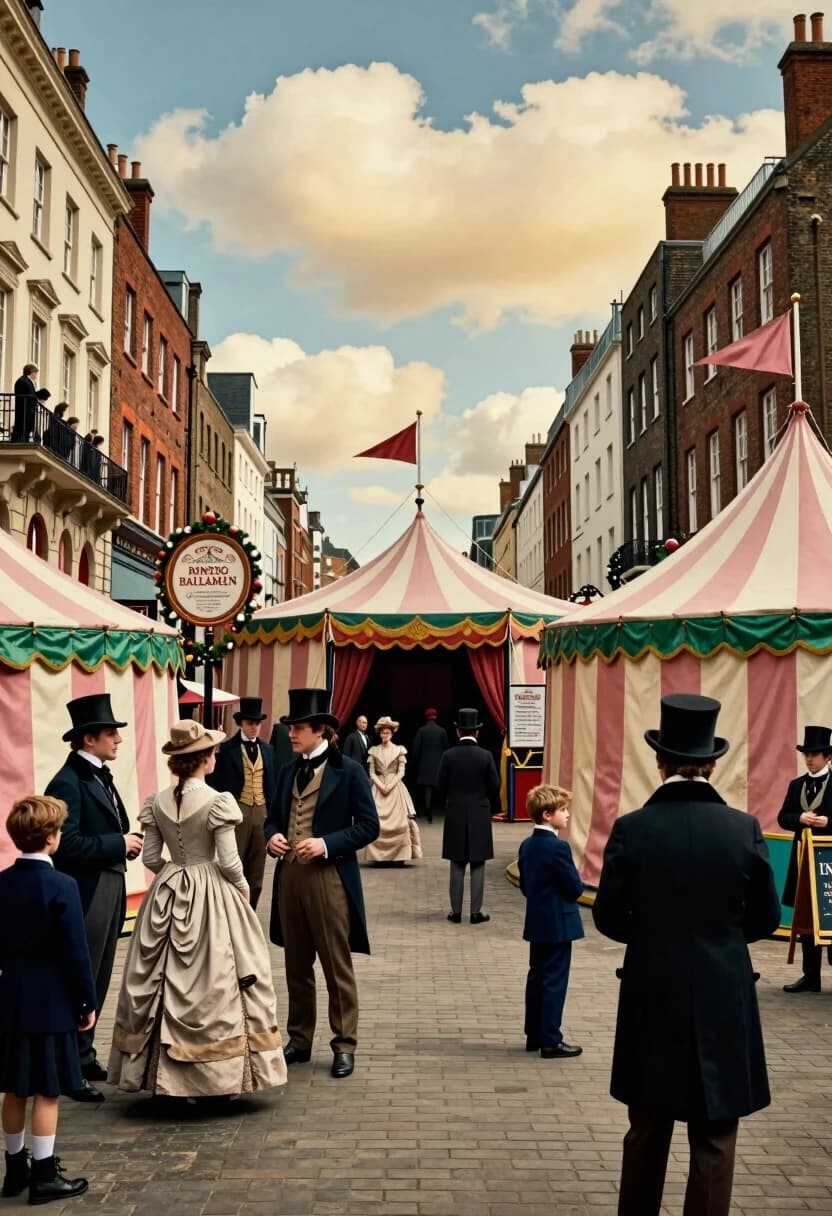 Create a cinematic, photorealistic  in the style of a high‑budget historical film — a lively scene at the entrance to a Victorian circus. In the center of the composition is a wide paved street stretching into the depth of the frame; on both sides are massive city buildings with brickwork, stucco, and tall windows. In the foreground, there is a dense crowd of elegantly dressed townspeople: men in top hats, frock coats, and waistcoats; ladies in voluminous dresses with crinolines; children in neat suits; their poses are natural, as if the people have frozen in the midst of an animated conversation or while examining the posters.

Dominating the scene are striped tents and pavilions in a pink‑and‑cream colour scheme with green and gold accents; above them are flags on tall flagpoles. Along the street, there are richly decorated signs with ornate typography and ornaments, round billboards on poles, garlands, and stretchers. On the left, there is a fragment of the facade with large decorative panels and a balcony where the viewer is standing.

The lighting is soft daylight with warm golden highlights and clear, but not harsh, shadows; the sky is light blue with voluminous cumulus clouds. Detail every button, every fold of fabric, the texture of the brick, the carvings on the signs, the individual threads in the flag fabrics, the grains of the paving stones. The palette is restrained, with a predominance of beige, terracotta, muted pink, and deep blue tones.