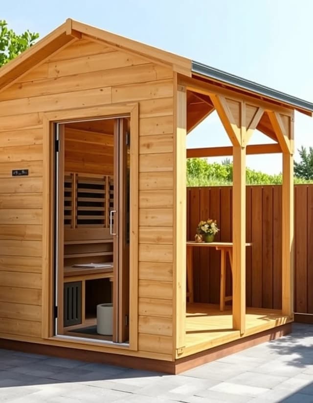 Vertical presentation of a small premium backyard recreation building. Half of the building is an enclosed wooden sauna room with a glass door, the other half is an open-air covered wooden gazebo with a small table. Natural wood exterior texture, compact one-story structure, bright daylight, clear sky, realistic real estate photo.