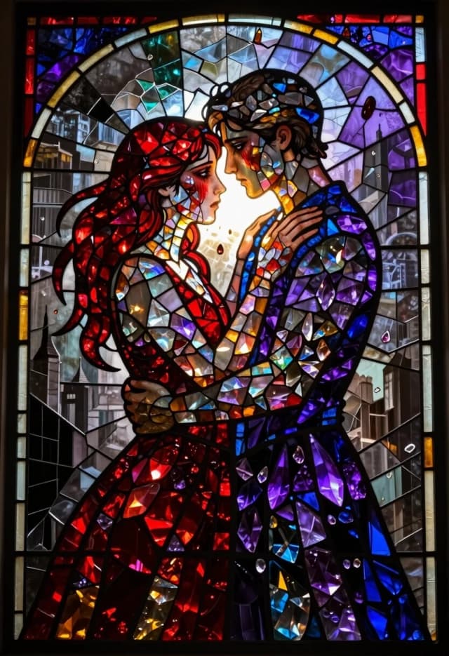 A breathtaking surreal mosaic mural rendered as a luminous stained glass window, depicting the final, heartbreaking moment of a goodbye between two lovers. The entire scene is composed of iridescent crystal shards and translucent glass fragments, where the light is not static, but seems to be fading away, like a dying ember. 

The two figures are entwined in a desperate embrace, their forms created from a blend of warm ruby-red and cold amethyst crystals.  the mosaic glows with an intense, blinding white light, as if the energy of their love is concentrating in one final point of contact. Their faces, rendered in meticulous glass tesserae, show an expression of profound sorrow and acceptance, with eyes that shimmer like captured starlight.

The background is a dissolving world of fractured glass and floating shards of a shattered city, all rendered in muted greys and deep violets. The lighting is dramatic and directional, with a singular, fading beam of golden light illuminating the couple, while the rest of the scene is swallowed by deep, velvety shadows. The contrast between the radiant white light of their touch and the encroaching darkness creates a powerful sense of inevitable loss.

Keywords: luminous stained glass, fading radiance, final embrace, ruby and amethyst crystals, iridescent shards, emotional climax, dramatic contrast, vanishing light, surreal mosaic tragedy.