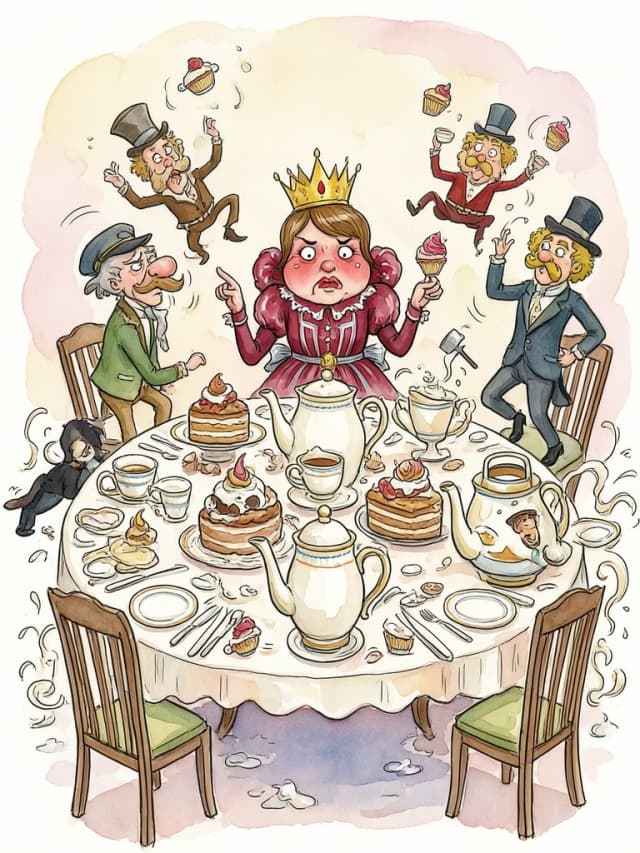 (masterpiece:1.8, acrylic painting:1.5, best quality:1.6, ultra-detailed:1.6). A bizarre and funny image (of the Queen of Hearts), who, sitting at a crazy tea table, angrily exclaims: "Off your head!' (Off with their heads!). The reason for her anger may have been a bad croquet game or too much sugar in her tea. (She's sitting at the head of a table strewn with ridiculous teapots and mountains of cakes, her crown slightly askew.) The Queen's face is red with annoyance, with puffed cheeks and wide-open eyes that look more offended than truly angry. (She points her finger with such effort that she looks like she's about to knock over her tea).
(Around her are the Hatter and the March Hare, who comically jump up and down in "fright," but at the same time try to hold on to their cups and cupcakes. Sonya may have poked her head out of the kettle, clearly annoyed by the noise. The card guards nearby may be awkwardly retreating, tripping over table legs or dropping their halberds). The tea table is a mess of flying cupcakes, spilled tea, and tumbling teacups.
The lighting is light and airy, creating a light, almost pastel mood. The overall atmosphere is a light, funny mess, where the Queen's anger is more of a familiar but theatrical act. Detailed watercolor or pastel illustration, playful composition, soft but saturated colors, light strokes, digital painting. Inspired by Quentin Blake's dynamic illustrations and Mary Blair's vibrant style.