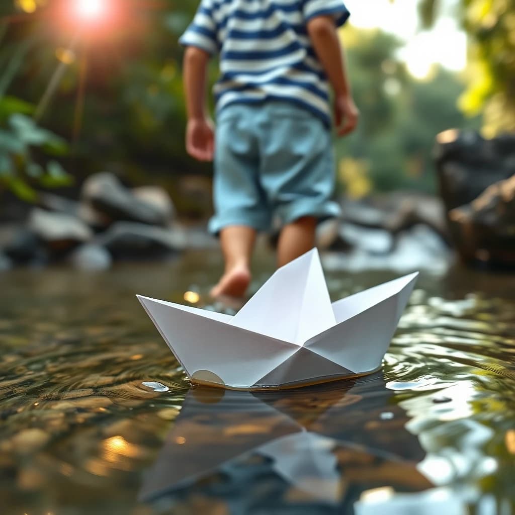 A child’s back view walking through a shallow stream, visible only from waist down: wearing a blue-and-white striped short-sleeve shirt and light blue shorts, barefoot in water; in the foreground, a white origami paper boat with classic triangular sail shape floats on the water, showing clear creases, gently bobbing with current; clear water with ripples and splashing droplets; background features blurred green foliage and river rocks, strong depth-of-field bokeh; low-angle close-up shot, focus sharply on the paper boat at water surface, child softly blurred in mid-background; warm backlighting, sun positioned top-left casting golden lens flares and bokeh highlights across water; natural outdoor daylight photography style emphasizing light, water texture, and motion; composition centers the paper boat with ample negative space to the right; clean, soft, nostalgic, and poetic atmosphere.